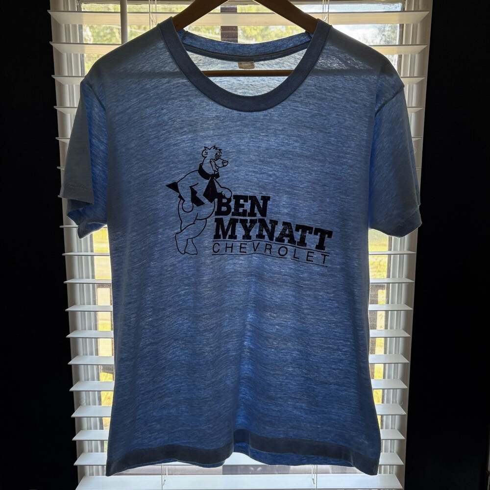 Vintage Paper Thin Distressed Worn Burnout T-Shirt Size M/L Blue 1970s Chevy